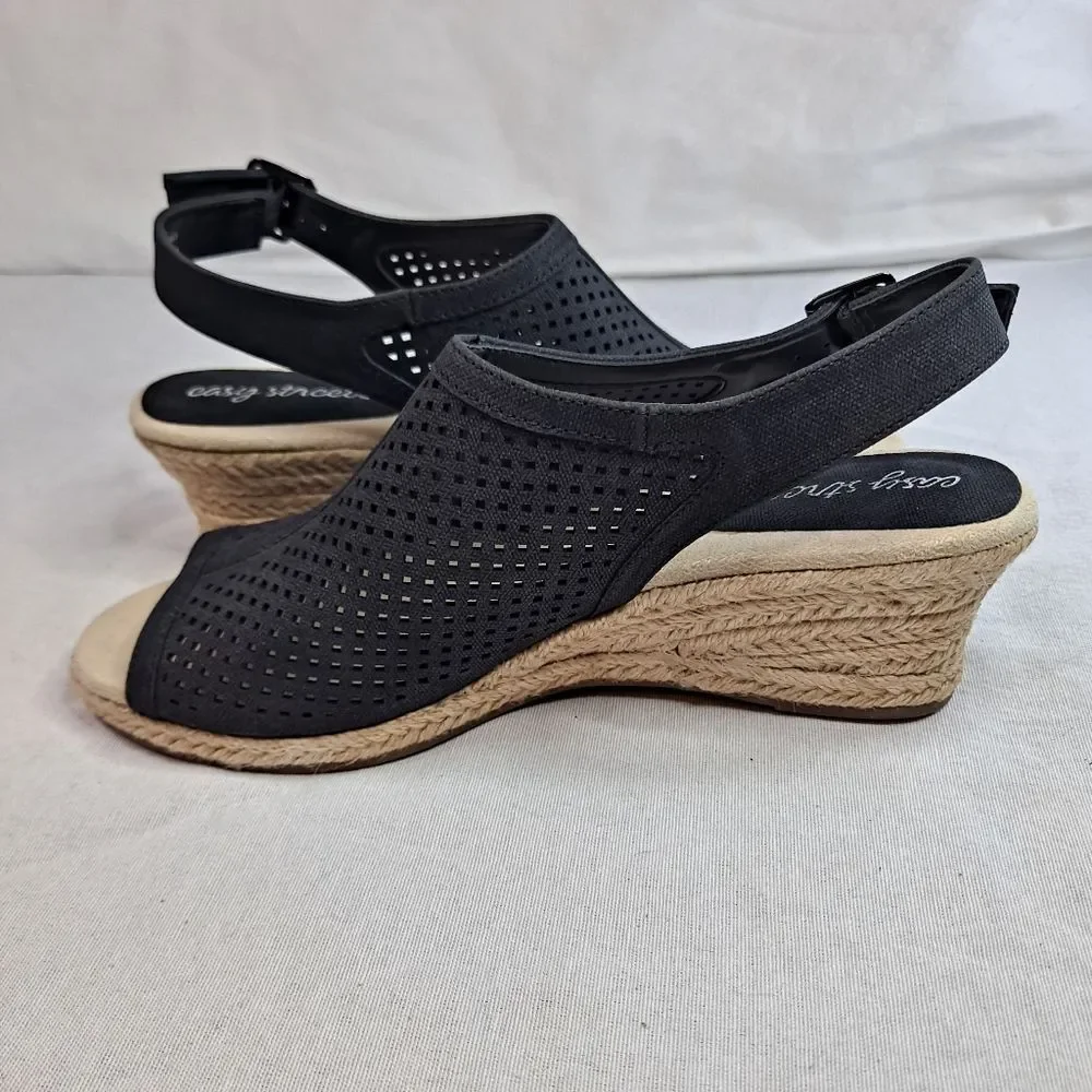 Easy Street Women's Stacy Espadrille Sandals Size 8.5M Black Perforated Wedges